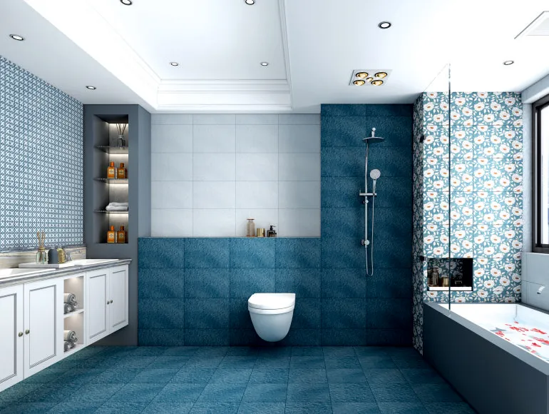 Refreshing blue hues for a stylish master-bathroom design with western toilet and shower